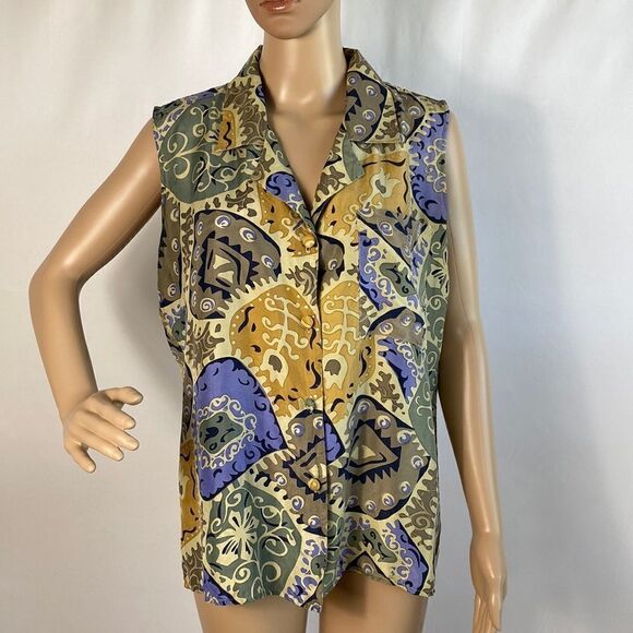 Tess 100% silk multicolored sleeveless blouse top size L - Picture 1 of 7